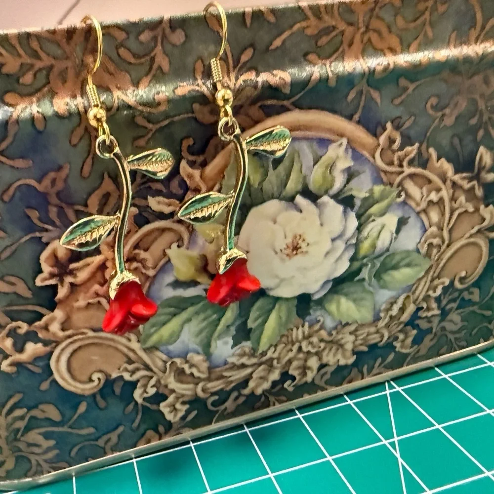 Beauty & The Beast Disney Red Rose Dangle Earrings - Picture 2 of 4